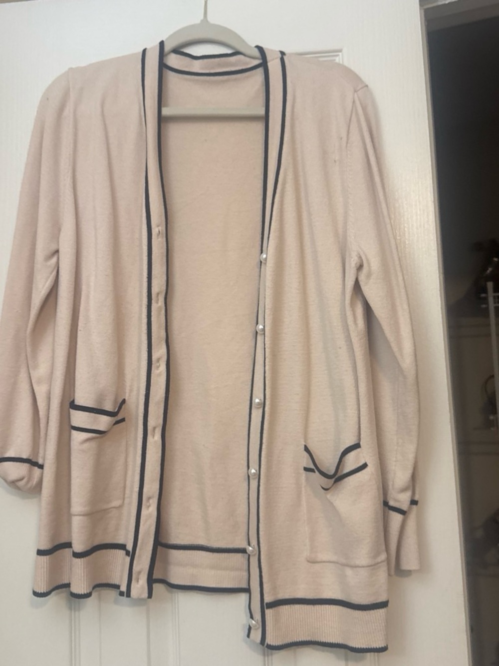 Light Beige Knit Cardigan with Contrast Trim